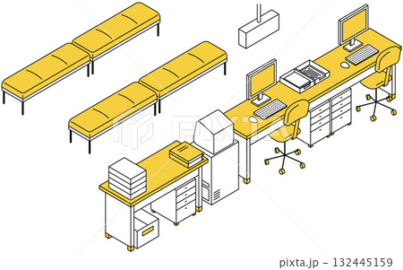 パソコンと書類の並んだ受付カウンターと待合ベンチの並ぶシンプルな線画アイソメトリックイラスト 132445159