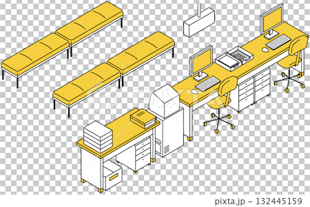 パソコンと書類の並んだ受付カウンターと待合ベンチの並ぶシンプルな線画アイソメトリックイラスト 132445159