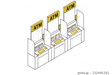 3台並んだATMコーナーのシンプルな線画アイソメトリックイラスト 3台並んだATMコーナーのシンプルな線画アイソメトリックイラスト 132445161