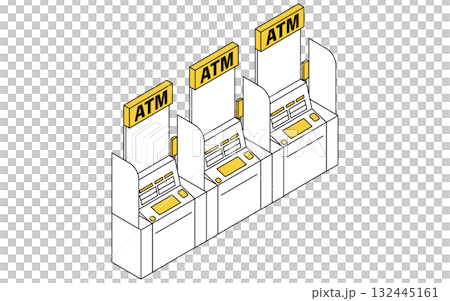 3台並んだATMコーナーのシンプルな線画アイソメトリックイラスト 3台並んだATMコーナーのシンプルな線画アイソメトリックイラスト 132445161