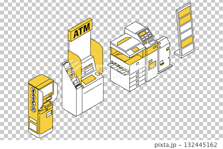 便利商店多影印機、ATM 和貨幣兌換機的簡單線條等距圖示 132445162