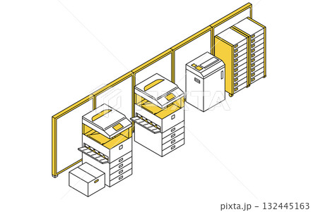 パーテーションで区切られたオフィスのコピー室のシンプルな線画アイソメトリックイラスト パーテーションで区切られたオフィスのコピー室のシンプルな線画アイソメトリックイラスト 132445163