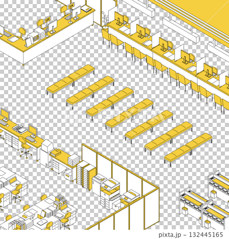役所の受付相談カウンターや待合ベンチのあるフロアのシンプルな線画アイソメトリックイラスト 132445165