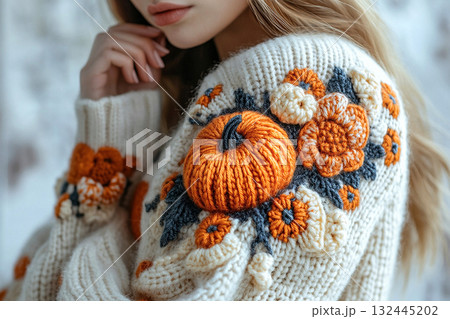 Vintage Vibes. Crochet details of pumpkin pattern on a modern garment. Autumn atmosphere in clothes. Trending in fashion. 132445202