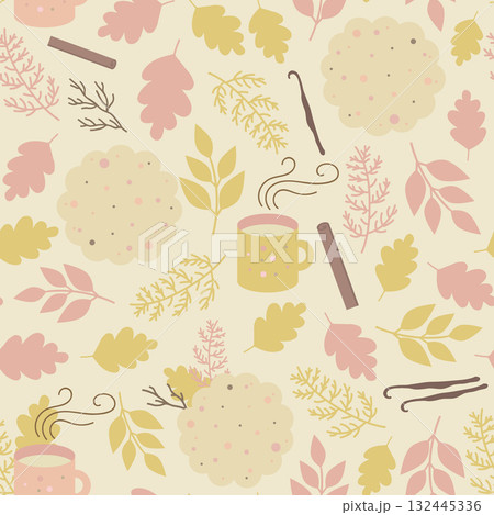 Autumn cute seamless pattern with cookies, mugs of hot drinks, and fall leaves 132445336