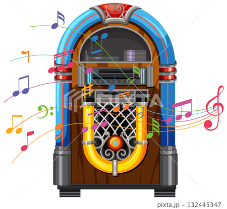 Retro Jukebox with Colorful Musical Notes Illustration 132445347