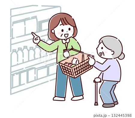 シニア女性の買い物に付き添う女性 シニア女性の買い物に付き添う女性 132445398