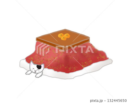 ミカンがテーブルに乗ったこたつにネコが寝ているイラスト 132445650