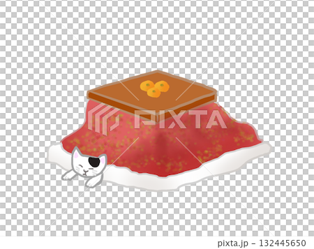 ミカンがテーブルに乗ったこたつにネコが寝ているイラスト 132445650