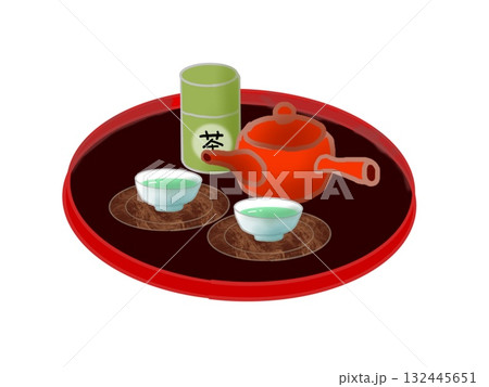 おぼんに乗せられた急須と茶筒と湯飲みのセットのイラスト おぼんに乗せられた急須と茶筒と湯飲みのセットのイラスト 132445651