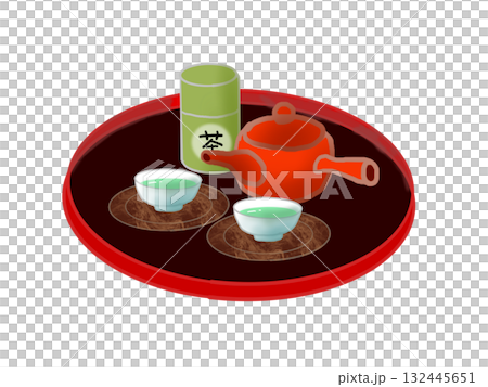 おぼんに乗せられた急須と茶筒と湯飲みのセットのイラスト おぼんに乗せられた急須と茶筒と湯飲みのセットのイラスト 132445651