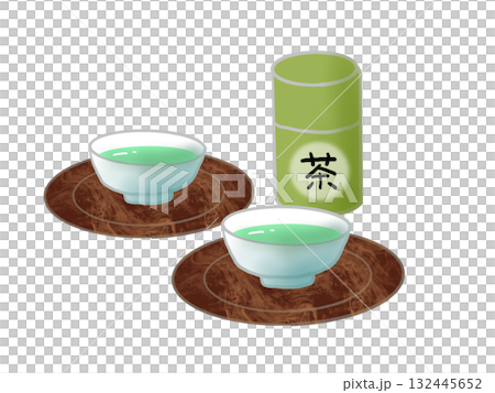 Illustration of green tea in a teacup and tea caddy 132445652