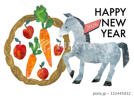馬とリンゴとニンジンのおしゃれな年賀状テンプレート　2026年午年 132445832