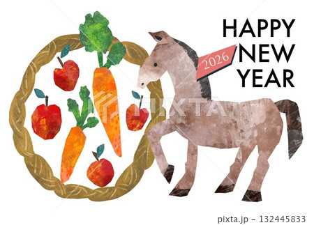 切り絵風のポップな馬と果物と野菜のイラストが入った午年の年賀状テンプレート 132445833