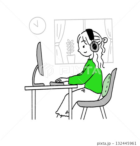 リモートワークする女の子　イラスト 132445961