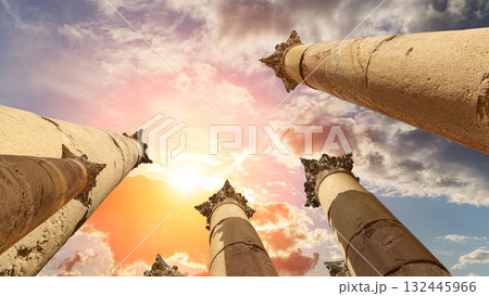 Roman Columns in the Jordanian city of Jerash (Gerasa of Antiquity), capital and largest city of Jerash Governorate, Jordan. Against the background of a beautiful sky with clouds 132445966