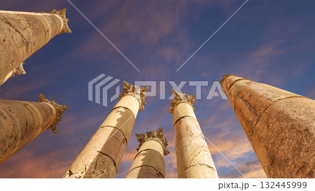 Roman Columns in the Jordanian city of Jerash (Gerasa of Antiquity), capital and largest city of Jerash Governorate, Jordan. Against the background of a beautiful sky with clouds 132445999