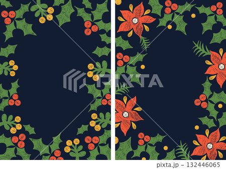 Christmas floral frames with holly leaves and red Flower poinsettias on black background. New Year Pattern posters set. Textured Crayon Hand-Drawn Doodle. Isolated Vertical Vector illustration. Not AI 132446065