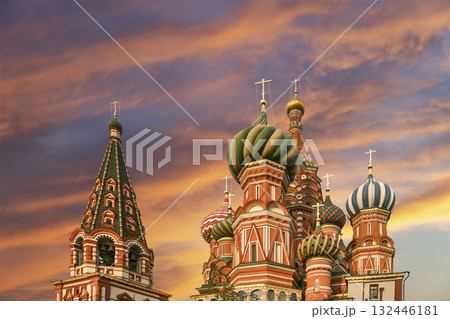 Temple of Basil the Blessed, Red Square, Moscow, Russia. Against the sunset Temple of Basil the Blessed, Red Square, Moscow, Russia. Against the sunset 132446181