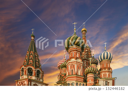 Temple of Basil the Blessed, Red Square, Moscow, Russia. Against the sunset Temple of Basil the Blessed, Red Square, Moscow, Russia. Against the sunset 132446182