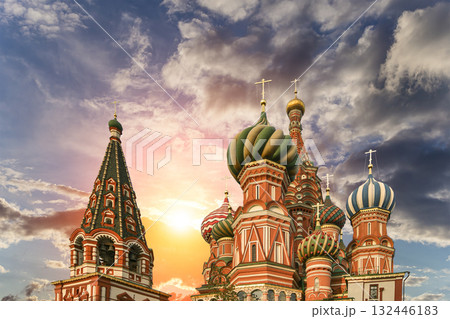 Temple of Basil the Blessed, Red Square, Moscow, Russia. Against the sunset Temple of Basil the Blessed, Red Square, Moscow, Russia. Against the sunset 132446183