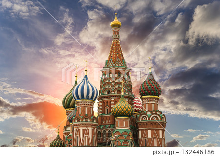Temple of Basil the Blessed, Red Square, Moscow, Russia. Against the sunset 132446186