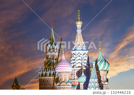 Temple of Basil the Blessed, Red Square, Moscow, Russia. Against the sunset Temple of Basil the Blessed, Red Square, Moscow, Russia. Against the sunset 132446218
