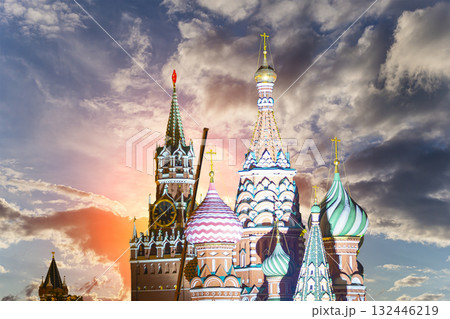 Temple of Basil the Blessed, Red Square, Moscow, Russia. Against the sunset Temple of Basil the Blessed, Red Square, Moscow, Russia. Against the sunset 132446219