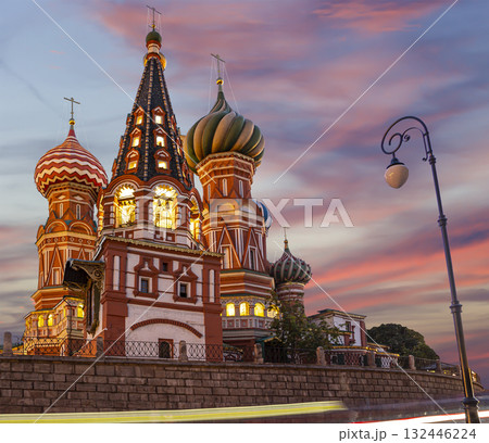 Temple of Basil the Blessed, Red Square, Moscow, Russia. Against the sunset Temple of Basil the Blessed, Red Square, Moscow, Russia. Against the sunset 132446224