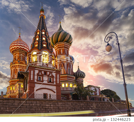 Temple of Basil the Blessed, Red Square, Moscow, Russia. Against the sunset 132446225