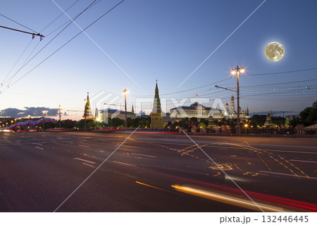 Night view of the Moscow Kremlin, Russia (the most popular view). Against the background of a beautiful sky with the moon 132446445