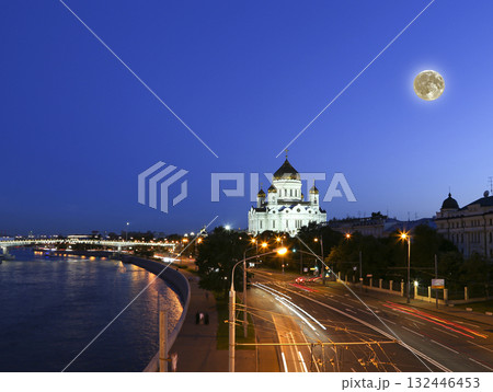 Night view of the Moskva River and the Christ the Savior Cathedral with the super moon, Moscow, Russia 132446453