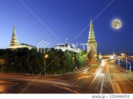 Night view of the Moscow Kremlin, Russia (the most popular view). Against the background of a beautiful sky with the moon Night view of the Moscow Kremlin, Russia (the most popular view). Against the background of a beautiful sky with the moon 132446455