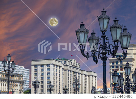 Building of The State Duma of the Federal Assembly of Russian Federation on a beautiful sky with cloud before sunset background (with the super moon), Moscow, Russia 132446496
