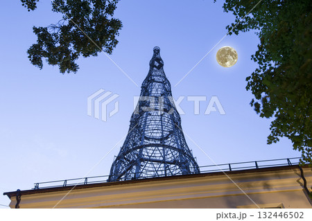 Shukhov radio tower or Shabolovka tower (at night with the super moon) in Moscow, Russia 132446502