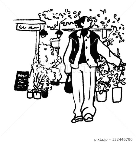 花屋の前に立つ女性　線画　ベクター 132446790