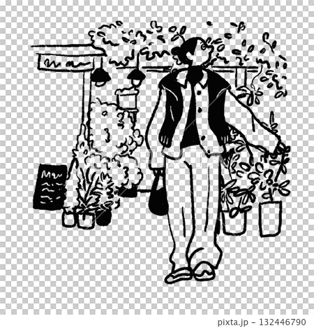 花屋の前に立つ女性　線画　ベクター 132446790