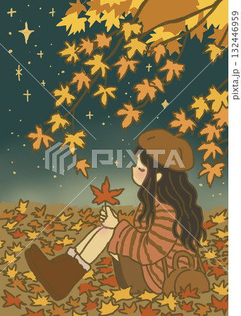 秋の紅葉の枝の下に座る少女 132446959