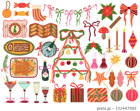 Christmas party vector set. Festive clipart with holiday food, drinks, gifts, ornaments, candles, decorations isolated on white background. Colorful playful xmas elements for card, celebration design Christmas party vector set. Festive clipart with holiday food, drinks, gifts, ornaments, candles, decorations isolated on white background. Colorful playful xmas elements for card, celebration design 132447092