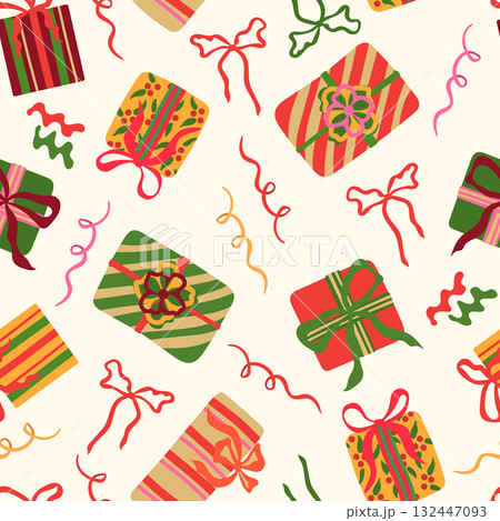 Gift boxes vector seamless pattern. Colorful wrapped presents with bows and festive ribbons decorations on light cream background. Modern holiday repeat design for Christmas, birthday celebration 132447093