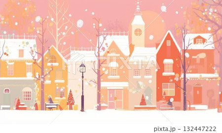 夕陽に染まる冬の通りと街の灯り 132447222