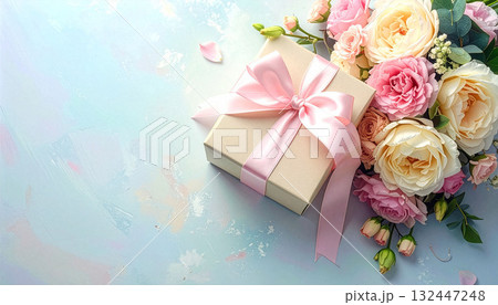 ピンクリボンのプレゼントと綺麗な花束 132447248