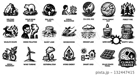 気候変動ピクトグラムセット – 地球温暖化と再生エネルギー、Climate Change 気候変動ピクトグラムセット – 地球温暖化と再生エネルギー、Climate Change 132447415