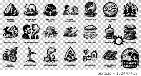 気候変動ピクトグラムセット – 地球温暖化と再生エネルギー、Climate Change 気候変動ピクトグラムセット – 地球温暖化と再生エネルギー、Climate Change 132447415