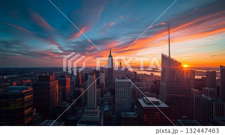 New York City skyline at sunset with tall skyscrapers and city lights reflecting on the river. 132447463