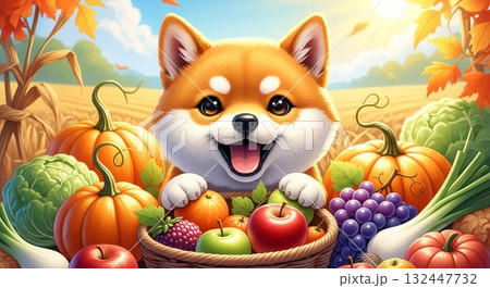 満面の笑顔！秋の収穫を喜ぶ柴犬の子犬 132447732