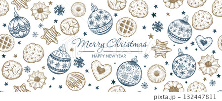 Cookie and Christmas ball pattern on white, hand drawn illustration.	 132447811