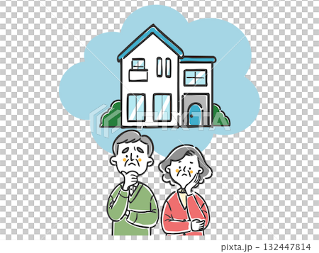 Senior couple worried about housing, vacant house problem, vector 132447814