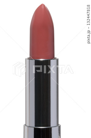 Macro of an open stick of nude lipstick in a glossy silver case. 132447818