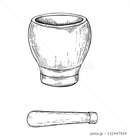 Empty mortar and pestle set vector black and white drawing. Kitchenware pot for grinding spices, plants line ink illustration. Kitchen utensil for cook book, recipe design, product catalog Empty mortar and pestle set vector black and white drawing. Kitchenware pot for grinding spices, plants line ink illustration. Kitchen utensil for cook book, recipe design, product catalog 132447934